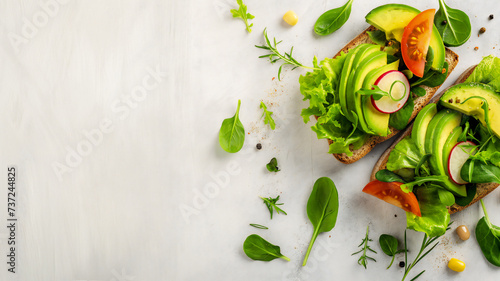Fresh vegetable sandwich and avocado on white table