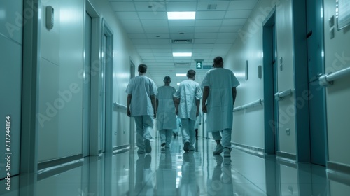 Against the background of a white hospital corridor, team of doctors,, photo, 