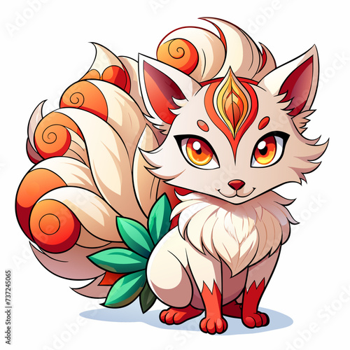 Ninetails, cute, style , Big eye, art 90 style, white background photo