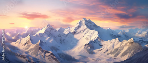 Mountains covered with snow at sunset - Ai generated © mady