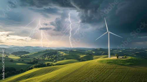 Windmill farm with turbines generating clean renewable energy during a storm with lightning