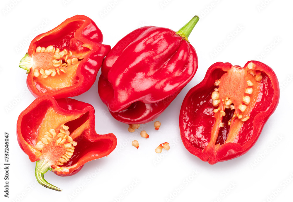Red habanero peppers and habanero cross section on white background. Red habanero peppers and habanero cross section on white background.