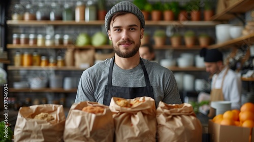 Delivery worker holding packet with food looking at the camera and smiling. Close up portrait of positive man courier person