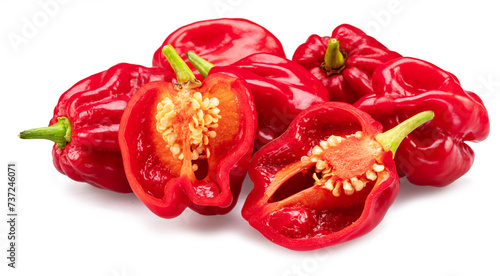 Quadro su tela Red habanero peppers and habanero cross section on white background