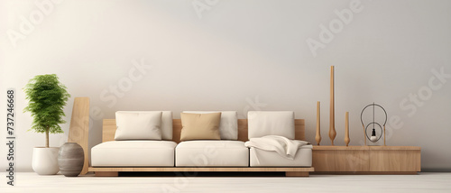 Interior design aesthetic living room mock up room modular sofa wooden stand - Ai generated