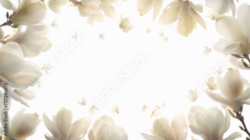 Dual light exposure blends with flying white magnolia petals, center space for text. Greeting card concept photo
