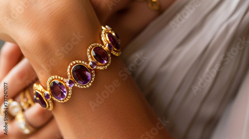 Golden jewelry bracelet with amethysts gem stone on woman hand