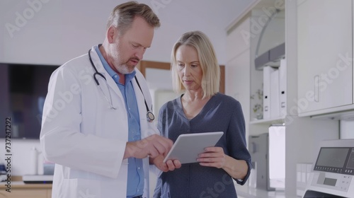 Caucasian doctor and nurse looking at test results on tablet  talking about patients diagnosis 