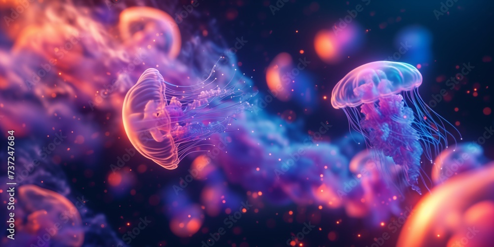 Vibrant neon jellyfish against a deep sea backdrop Vibrant neon jellyfish against a deep sea backdrop