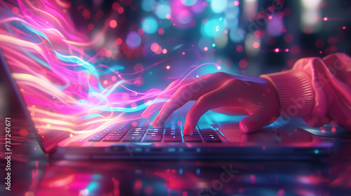 Laptop Magic: Typing Amidst Colorful Lights and Swirling Patterns