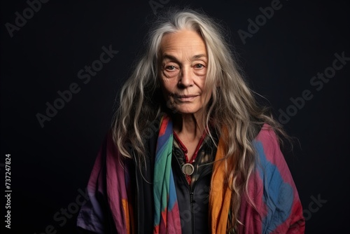 Portrait of an old woman with long gray hair. Studio shot.