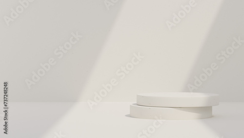 3D rendered mockup of a minimal circle podium scene with a white landscape backdrop template