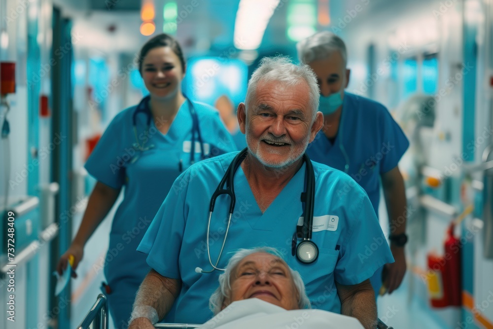 Two orderlies dressed in blue medical clothes are pushing a stretcher with a smiling middle aged patient in a hospital Two orderlies dressed in blue medical clothes are pushing a stretcher with a smiling middle aged patient in a hospital