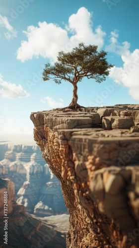 Tree Growing in Unlikely Harsh Environment Deserted Rocky Cliffside demonstrating Resilience, Adaptability and Incredible Ability of Trees Thrive in Conditions created with Generative AI Technology