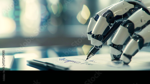 A futuristic ai robot, pen writing, chatbot assistant. The future of the profession is rabotized