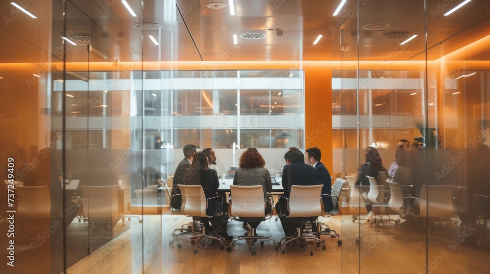 A group of people in a meeting room with glass walls and a glass wall