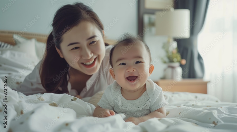 smile and mother with baby on bed for playful, love and free time. Happiness, care and health with woman and newborn smile and mother with baby on bed for playful, love and free time. Happiness, care and health with woman and newborn