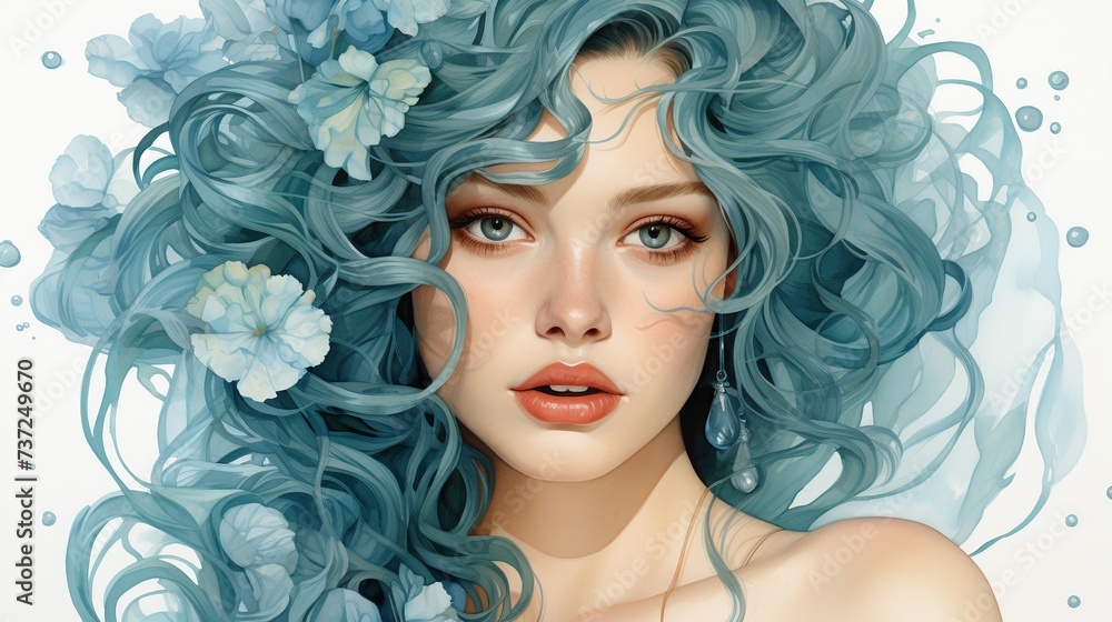 a beautiful girl with blue hair and flowers