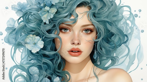 a beautiful girl with blue hair and flowers
