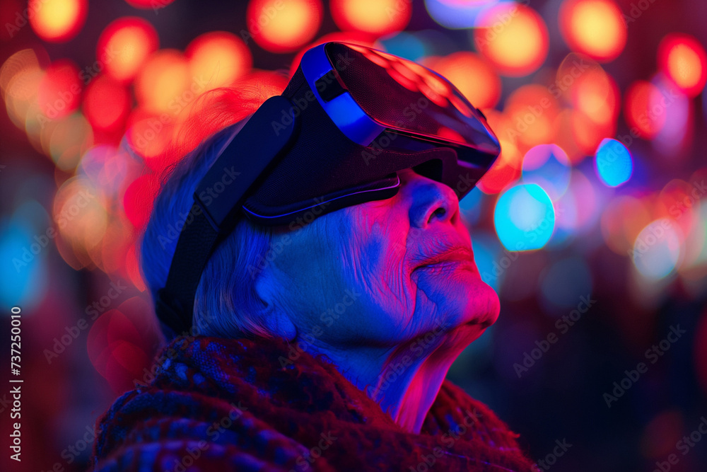 An old woman in a VR helmet. Virtual reality. Neon colors. An old woman in a VR helmet. Virtual reality. Neon colors.