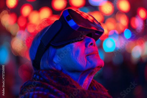 An old woman in a VR helmet. Virtual reality. Neon colors.