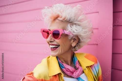 Portrait of happy senior woman with pink sunglasses on pink wall background