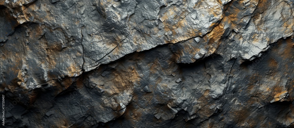 A detailed closeup of a bedrock outcrop showcasing a variety of natural materials such as soil, rocks, limestone, and igneous rocks with unique patterns and faults