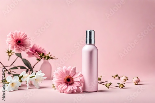pink cosmetic spray bottle with minimalist floral background , packaging and advertising mockup