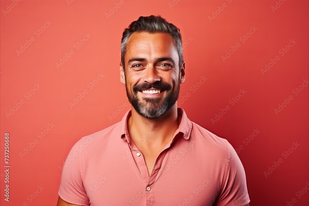 Portrait of a handsome man over red background. Men's beauty, fashion.