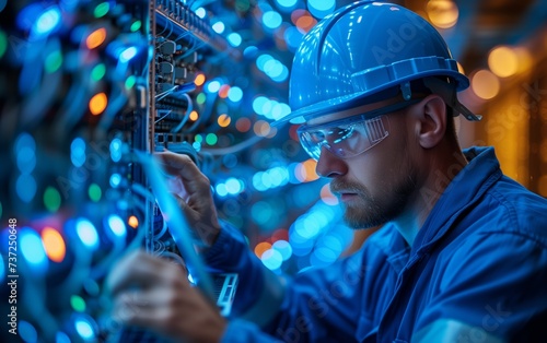 An engineer in a hard hat and safety glasses is working on a computer, concentrating on his task. The electric blue helmet provides essential protection as he focuses on the task at hand