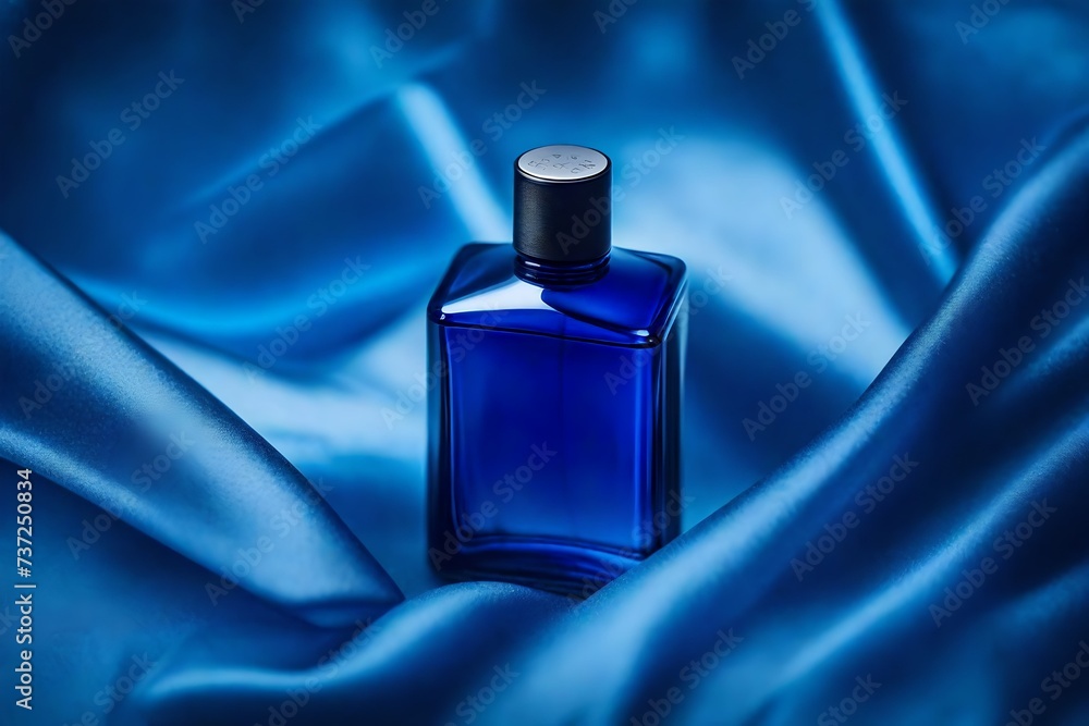 blue perfume spray flacon on wavy blue sliky velvet fabric background blue perfume spray flacon on wavy blue sliky velvet fabric background