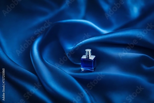 blue perfume spray flacon on  wavy blue sliky velvet fabric background photo