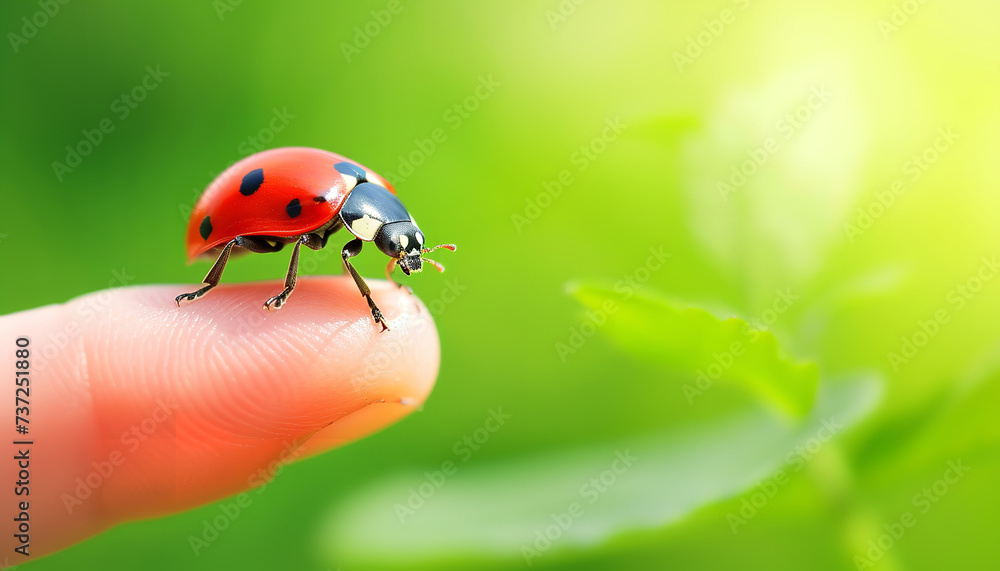 A bright red ladybug lands gently on a person's finger - often considered a sign of good luck and good fortune - wide format