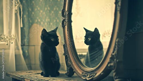 A mirror reflects the image of a black cat - a symbol often associated with superstition and varying luck depending on the culture - wide format