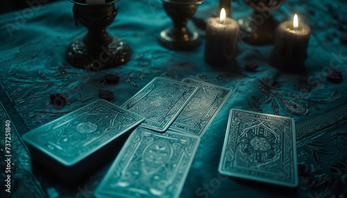 An arrangement of Tarot cards spread out on a dark velvet table - each card suggesting different aspects of fate or luck - wide format photo