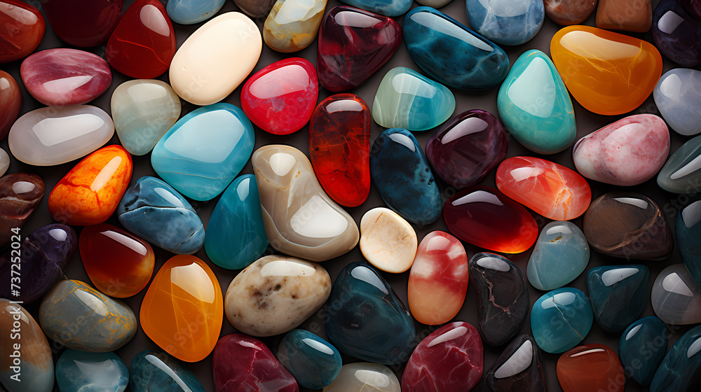 Close-up of colorful polished pebbles, close-up of stone Close-up of colorful polished pebbles, close-up of stone