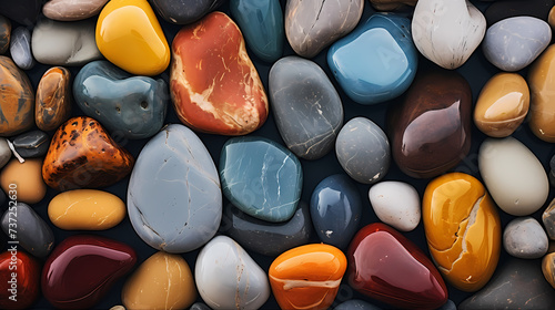 Close-up of colorful polished pebbles, close-up of stone