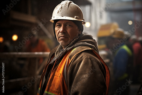 dedication and hard work of a "construction worker" amidst the hustle and bustle of a job site, realistic photography, depth of field --ar 3:2 Job ID: c0507673-747d-4578-978a-7bf3d5d43ef9