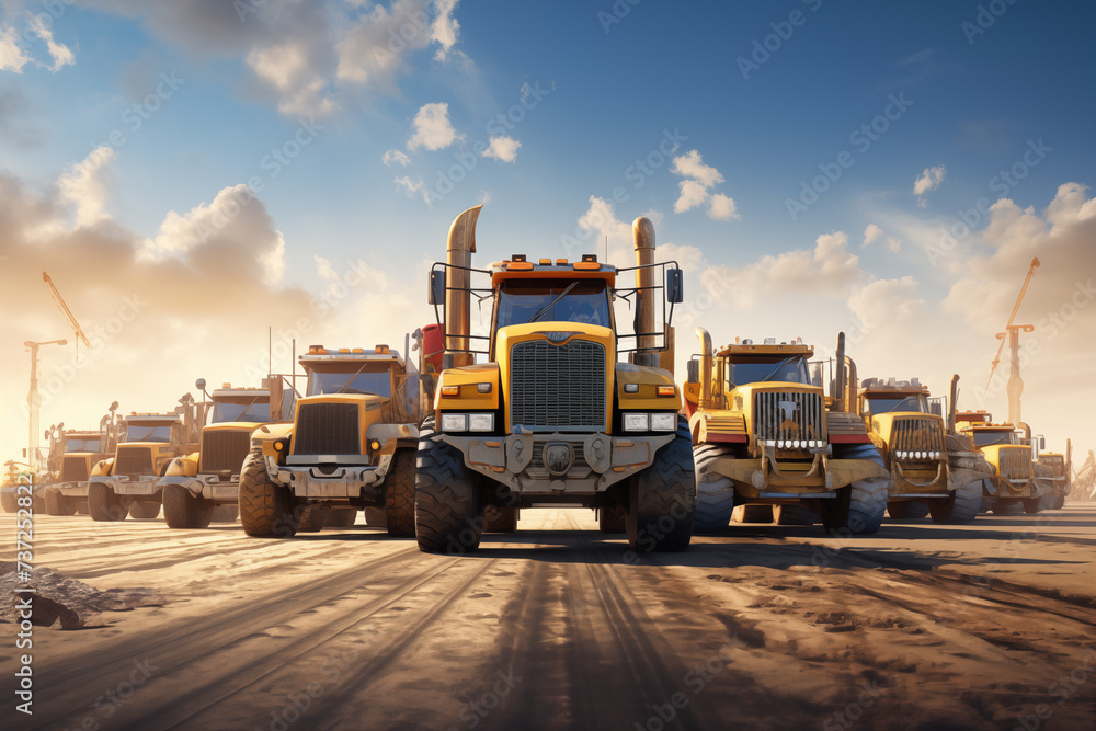Fleet of construction vehicles lined up in formation Fleet of construction vehicles lined up in formation