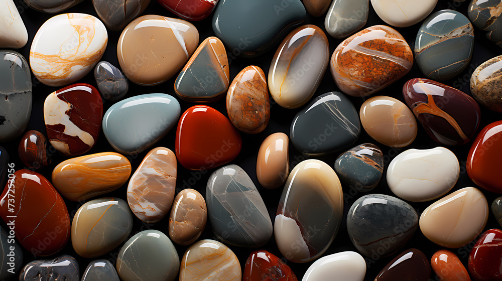 Close-up of colorful polished pebbles, close-up of stone Close-up of colorful polished pebbles, close-up of stone