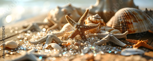 Seashells, starfish, shells on the sandy ocean shore. Summer travel, kids holidays on the sea side, sea coast. Close up of nature of tropical beach. Concept of vacation for banner, ads with copy space