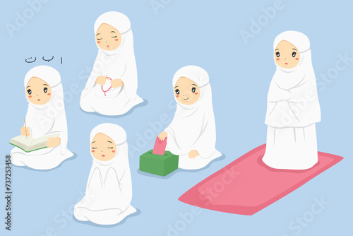 Muslim kids cartoon vector set. Muslim girl praying, reading Quran, shalat, doing dhikr and giving sadaqah or charity