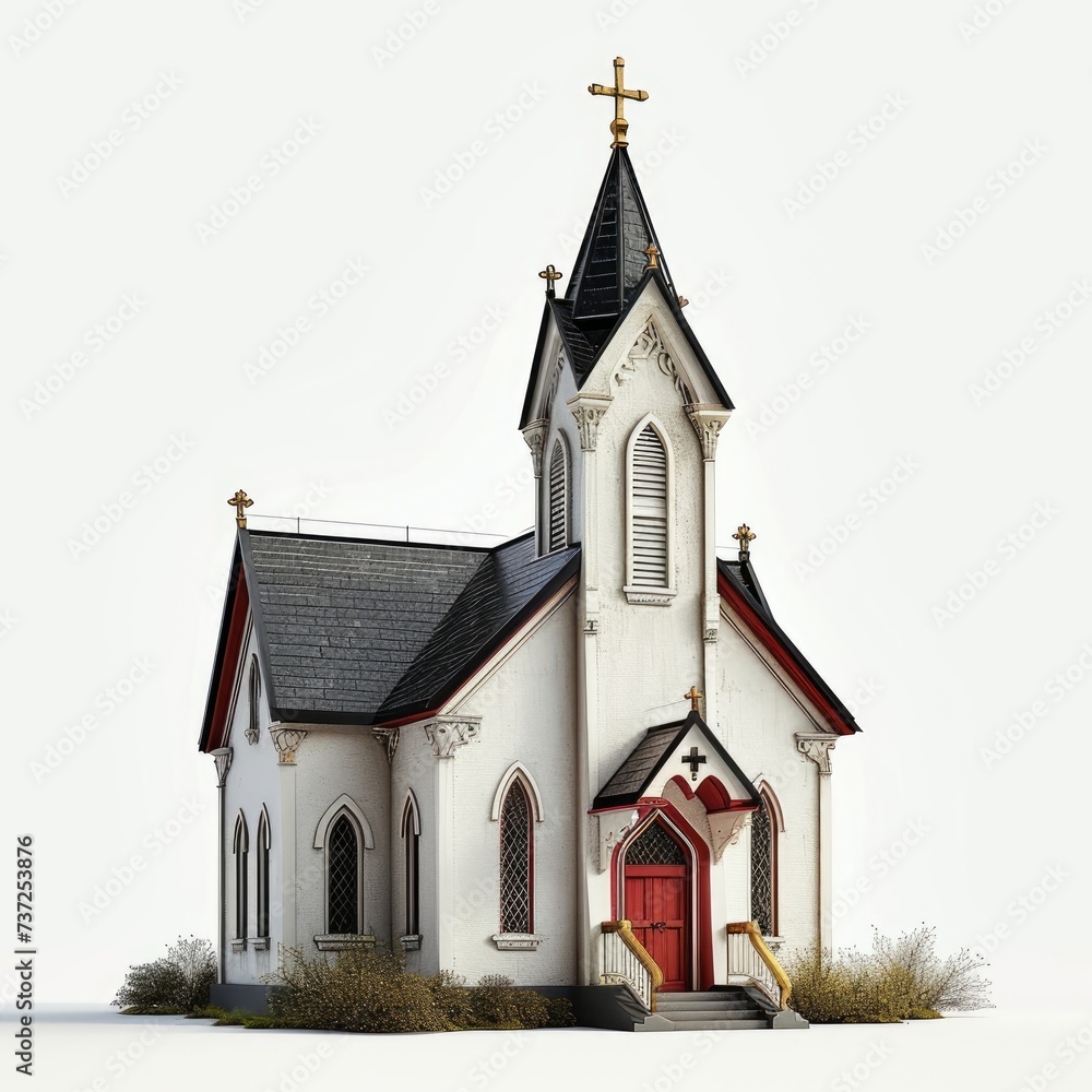 Small town church chapel building isolated on a white background, Generative AI