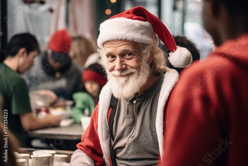 a man in a santa hat sitting at a table
