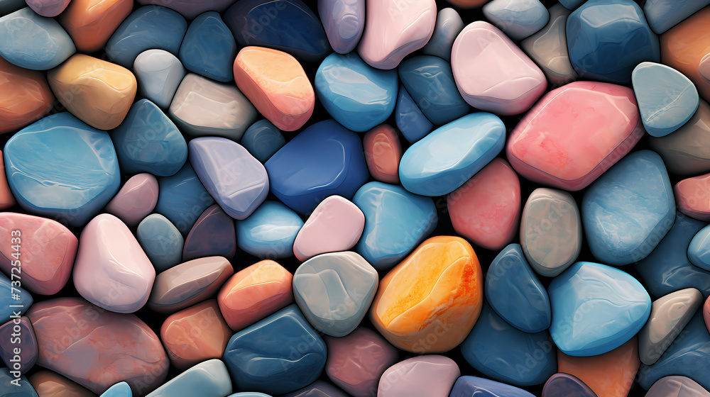 Close-up of colorful polished pebbles, close-up of stone