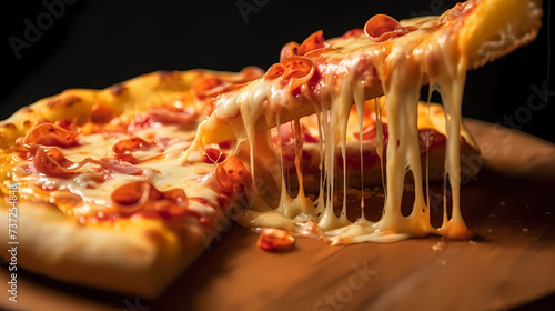 Pizza with melted and runny cheese floating under beautiful light