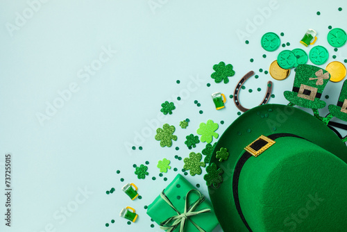 Saint Patrick Day background with green decoration from shamrocks, leprechaun hat, golden coins and gifts top view.