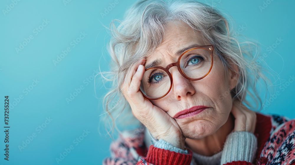 Retrato de una mujer mayor con cara de aburrimiento, escepticismo, duda o incredulidad sobre un fondo azul liso - obrazy, fototapety, plakaty 