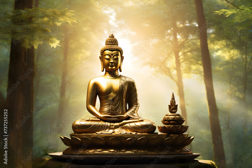 Front face meditating golden Buddha statue in the nature background. - obrazy, fototapety, plakaty 