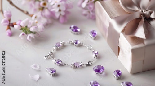 little gift box with silver jewelry bracelet adorned with amethyst gemstones on table, free copy space
